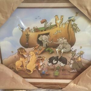 Noah’s Ark Canvas Painting Wood Frame Nursery Kids Room Wall Art